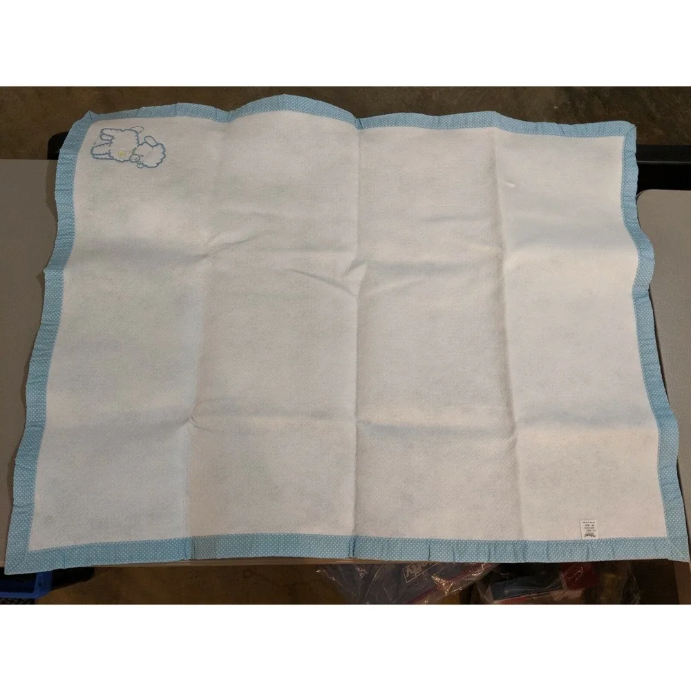 Triboro White Baby Blanket Blue Lamb Polka Dots 45 x 34‎ Inch Polyester